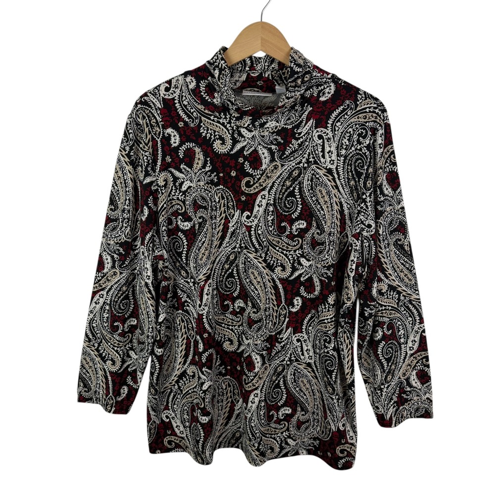 Susan Graver Liquid Knit Paisley Mock Neck Blouse Size XL Soft Stretch Comfy